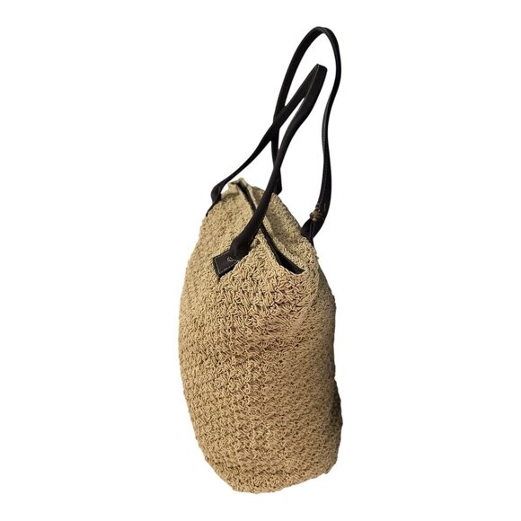 Y2K Era Woven Tote Bag Straw-Look with Brown Faux Leather Handles – 60% Cotton 4 - Picture 2 of 4
